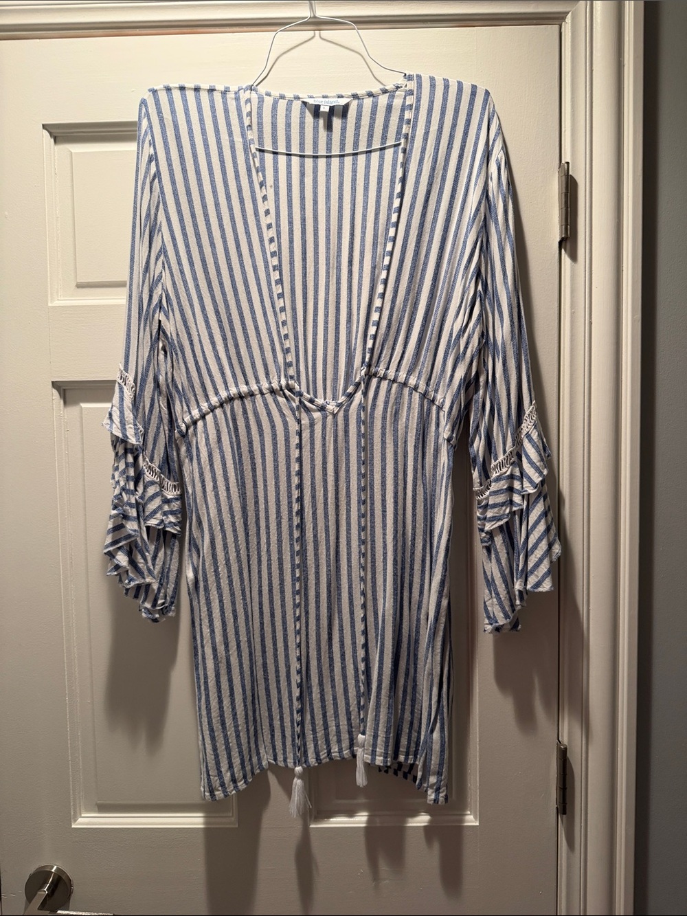 blue island Blue and White Striped V-Neck Tunic with Ruffle Sleeves